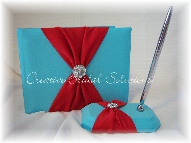 Tiffany Blue Aqua Red Wedding Guest Book and Pen Set From CreativeBridal