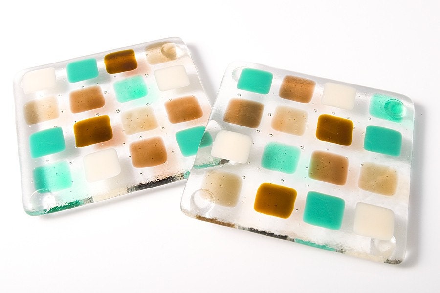 Teal and Tan Squares Fused Glass Coaster PAIR From BlueFairyDesigns