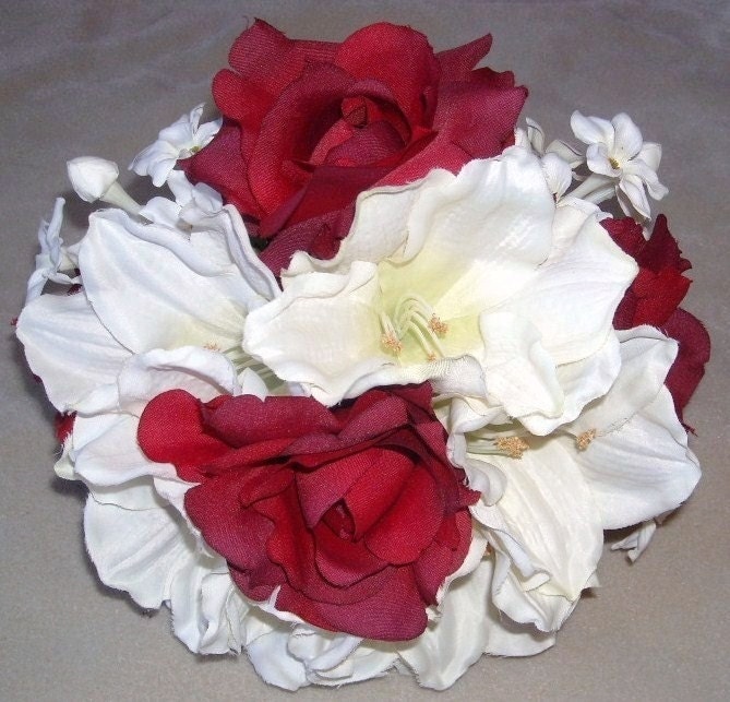 15 Pcs Silk Bridal Bouquet Set Ivory Amaryllis Cherry Fudge Roses 