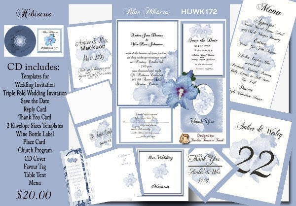 Delux Blue Hibiscus Wedding Invitation Kit on CD