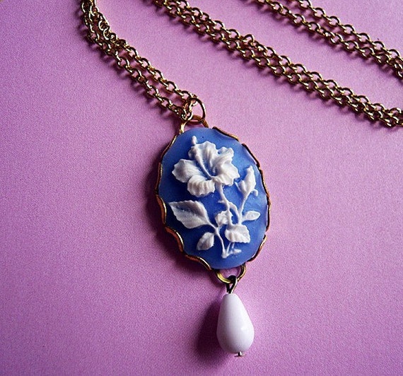 Sky Blue Hibiscus Flower Cameo Necklace by MaruMaru on Etsy