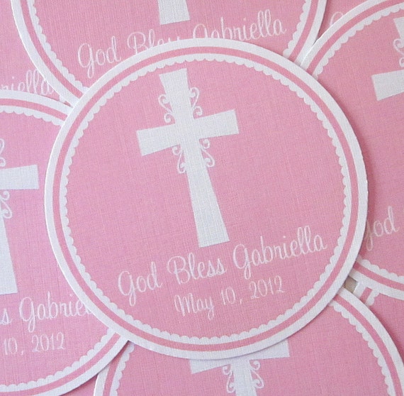 Baptism, First Holy Communion, Christening Favor Tag for Girls - Choose Pink/White or Lavender/White