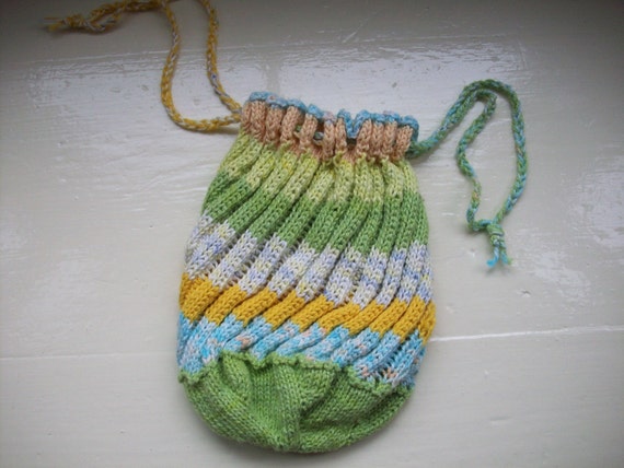 Fun drawstring purse bag  hand knitted hand dyed by SpinningStreak