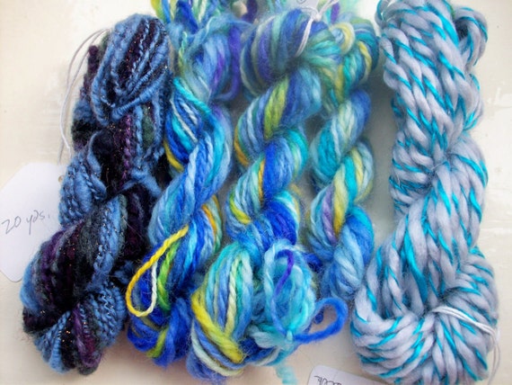 Handspun mini skeins  fun blues merino silk by SpinningStreak