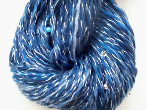 Handspun yarn merino beads sequins midnight blue by SpinningStreak