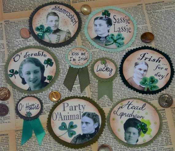 Shamrock ST. Patricks Day PINS Badges Collage Sheet -  lucky irish vintage pattern pdf altered  digital uprint primitive art paper old