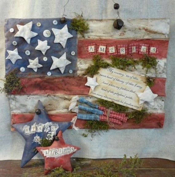 prim America patriotic Stars Stripes Flag PDF pattern -  primitive grubby grungy vintage like firecracker americana 4th of July