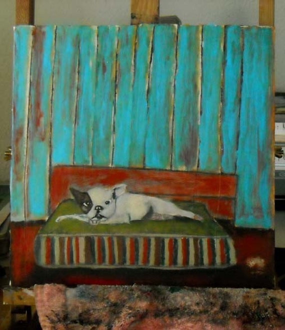 12x12 Original Acrylic Painting Dog Portrait, animal, bed, blue walls, French BullDog Grumpy Dog