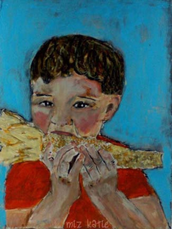 Acrylic Portrait Painting Little boy eating corn on the cob - original, 9x12, red, blue, yellow