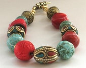 Turquoise and Coral Handmade Bracelet with Tibetan Inlay Brass Beads - Silk Road