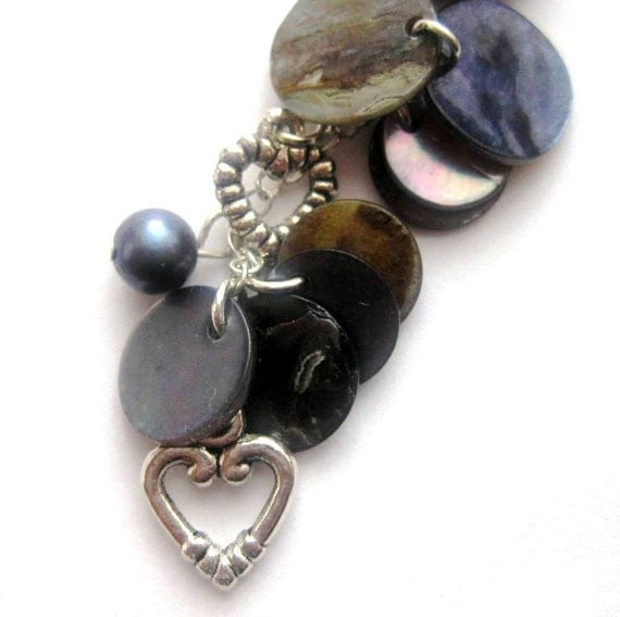 Blue Purse Charm. Pearls, Mother of Pearl, Silver Heart. Something Blue or Rear View Mirror Charm