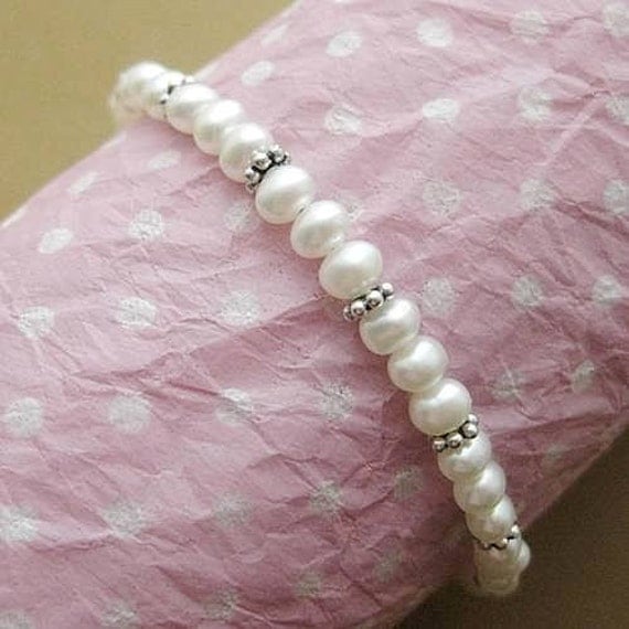 1st Communion Bracelet. White Pearls with Sterling Silver Cross or Moonstone. Young Bridesmaid or  Petite Bride