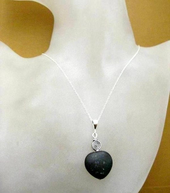 Irish Jewelry. Kilkenny Marble Pendant. Rare, Black Stone Heart with Celtic Spirals. Dubh Linn
