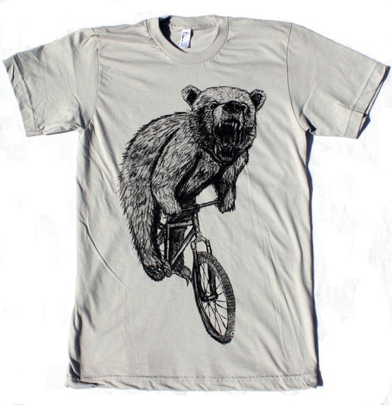 BICYCLE Tshirt Bear on a Bike Unisex American Apparel Silver Shirt