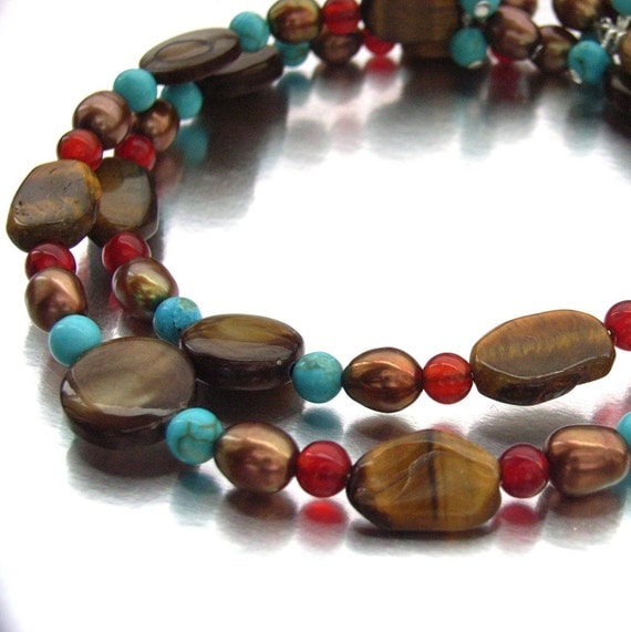 Bracelet gemstone turquoise tigers eye by BlueForestJewellery