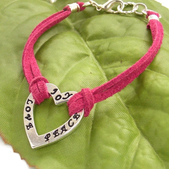 Bracelet words love joy peace heart cord by BlueForestJewellery