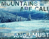 Trail View No. 1 - large paper print - inspirational winter travel word art typography poster, blue snowboarding skiing