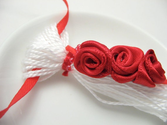 Red Ribbon Roses on White Tassel