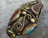 Brass Tibetan Focal Bead with Turquoise and Red Coral Inlays  39 x 20mm
