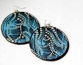 Large Handpainted Circular Modern Line and Dot Inspired Earrings In Turquoise, Black and Metallic Silver