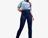 Blue Stealth Pant // High Waisted Stretch Denim with Brass Buttons // Custom Denim Made to Measure