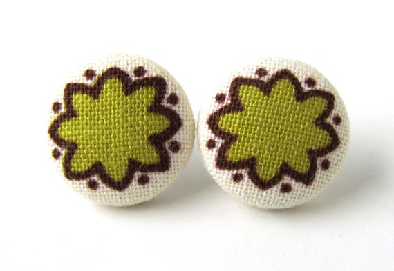 Olive green button earrings studs flower white by KooKooCraft
