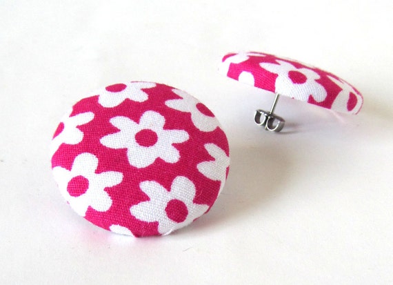Big stud earrings pink button white flower summer by KooKooCraft