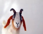 Grethe - Felt Goat. Felted  Art Marionette Puppet Stuffed Animals. Felted Toy. white brown red reddish orange. MADE TO ORDER.