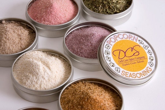 Popcorn seasoning - flavored popcorn spice sampler - gourmet salts for your popped corn kernels - 8 tins in a gift box