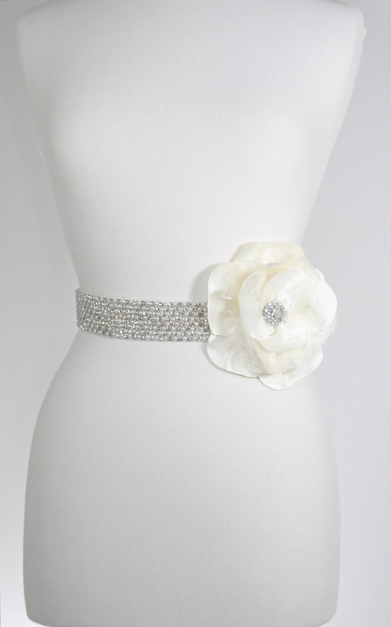 Flower Bridal Sash- crystal sash, pearl belt-reserved 25" short ends IVORY