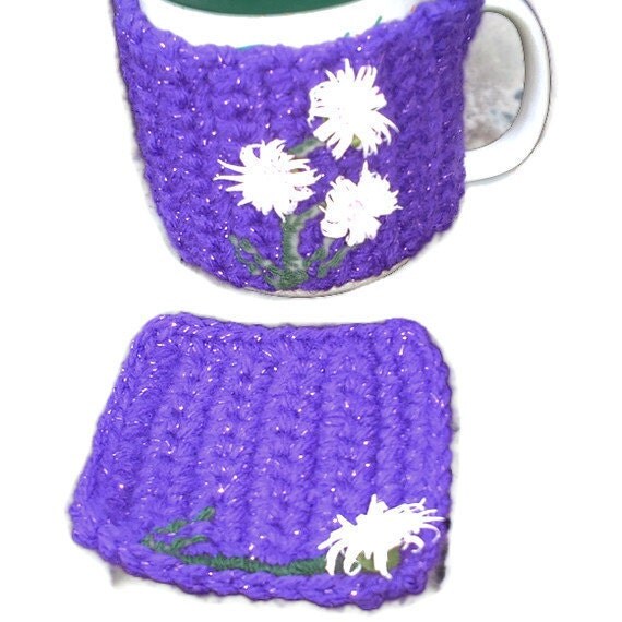 Purple Mug Cosy & Coaster Set with Flowers by UniquelyYourDesigns