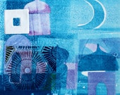 Imagining Morocco - original contemporary abstract signed blue architecture monoprint with chine-collé