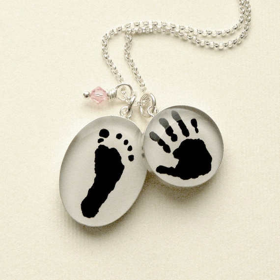 Sterling Custom Baby Handprint & Footprint Necklace with Swarovski Birthstone Dangle