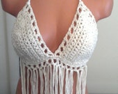 Sexy Off White Crochet Hippie Halter Bikini Top