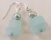 Sea Glass Earrings, 925 Sterling Silver, Blue Freshwater Pearls, Beach Jewelry Jewellery