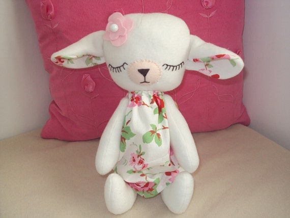 Sleeping Baby Lamb with Cath Kidston Rosali fabric dress. Can be personalised