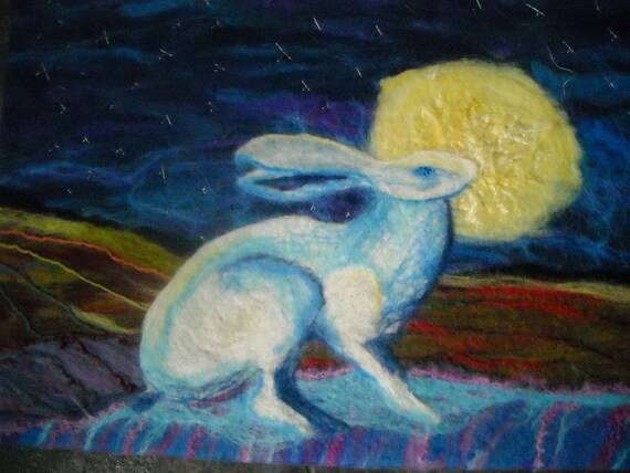 hare and moon, original felt wall art,hare and moon, hand embroidery, Bathed in moonlight