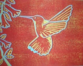 Hummingbird with Honeysuckle Print in Red, Blue, and Yellow ON SALE