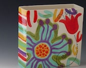 Colorful Floral Vase - Jubilation Flat Box Vase -  Colorful Pottery for Serving Cottage Chic  Home Decoration or Gift Giving  J-362