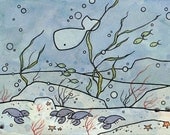 Lobsters underwater whale illustration print 8x10