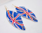 UK FLAG. British Flag Leather Feather Earrings. White Handpainted. Free Shipping Worldwide