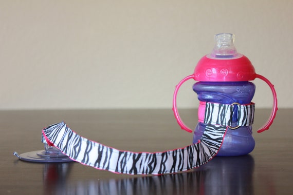 Bottle Tether, Toy Tether, Sippy Strap with Suction Cup- Pink & Zebra
