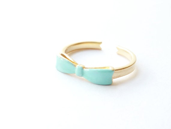 Mint Bow Ring. Adjustable Ring. Ribbon. Stackable Ring. Simple. Everyday Jewelry. Color Block.