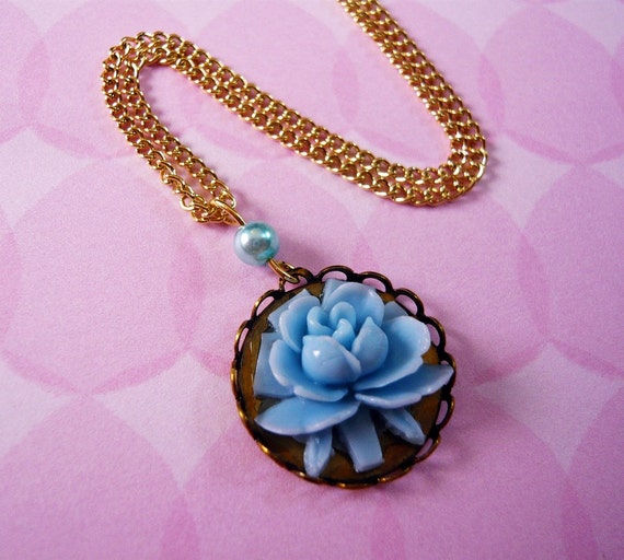 Blue Rose Flower Cabochon Necklace by MaruMaru on Etsy