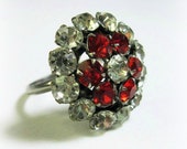 Vintage Rhinestone Ring - Ruby Red - Size 8 - Cocktail Ring - Costume Ring - Dinner Ring - Uncas - 1950s