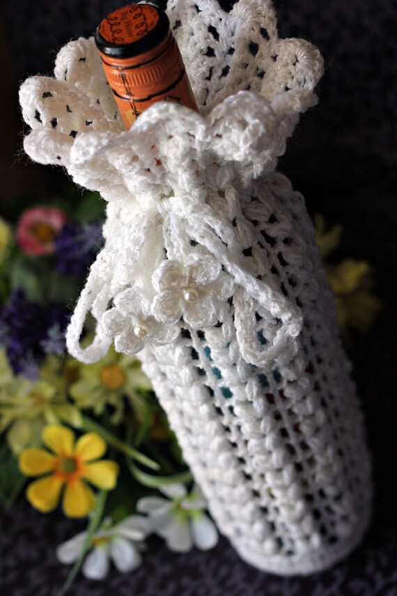 Crochet White Wine Bottle Cozy by DoilyMania on Etsy