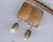Mixed Metal Earrings w- Textured Copper & Hammered Sterling Silver,  Dangle Earrings,  Artisan Metalwork Earrings, Mixed Metal Jewelry