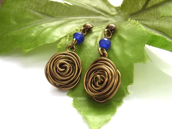 Wire rose earrings blue bead post and by BlueForestJewellery