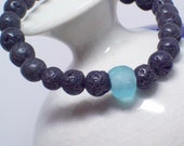 FLOW-Lava Bracelet with Blue Sea Glass Focal bead- Jewelry Men Boho Bracelet -Gift Ideas for Him Jewelry Bracelet Beadwork Handmade