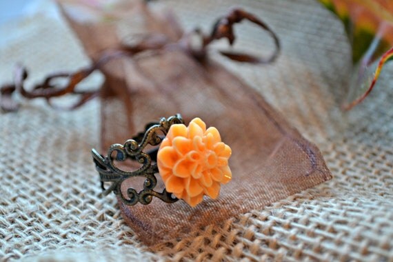 Orange Mum Cabochon and Bronze Filigree Adjustable Ring